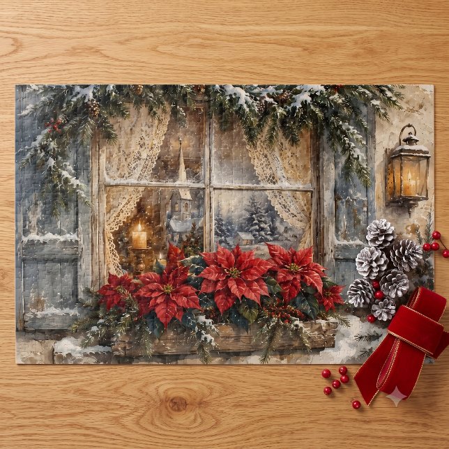 Puzzle Ventana de Navidad con Poinsettia Nevada (Snowy Poinsettia Christmas Window Jigsaw Puzzle)