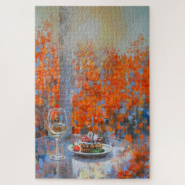 Puzzle Ventana de otoño con vino y postre