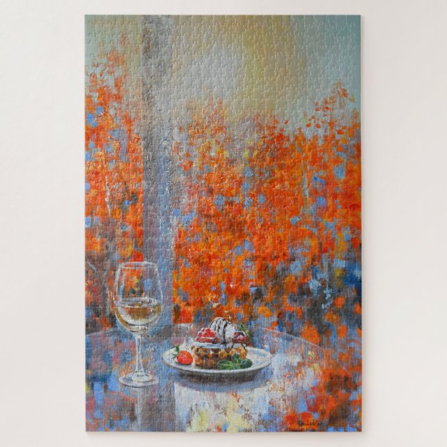Puzzle Ventana de otoño con vino y postre (Vertical)