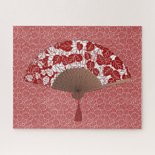 Puzzle Ventilador japonés en papel de hoja, rojo oscuro y