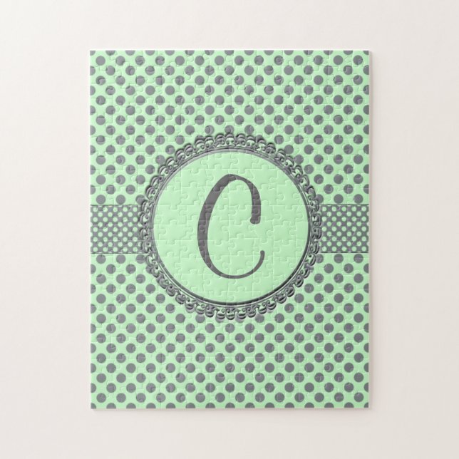 Puzzle Verde de menta con puntos de polka gris-Monograma  (Vertical)