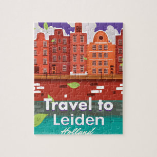 Puzzle Viaja a Leiden Holanda cartel de viaje de dibujos