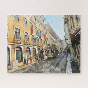 Puzzle Viajando en el tranvía de Lisboa con tarjeta posta
