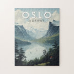 Puzzle Viaje de arte de Oslo Noruega<br><div class="desc">Diseño de viaje vectorial retro de Oslo. Oslo,  la capital de Noruega,  se encuentra en la costa sur del país,  a la cabeza del fiordo de Oslofjord.</div>