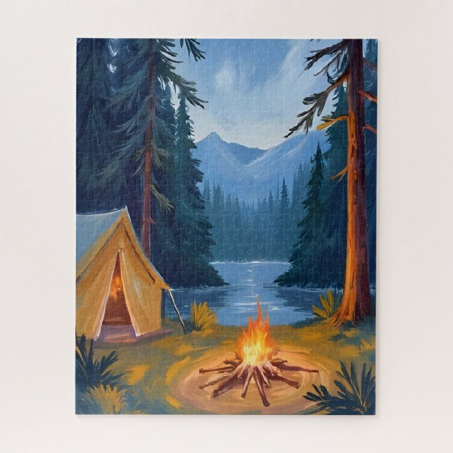 Puzzle Viaje de Camping Fogata en el Bosque Carpa Acuarel (Vertical)