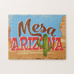 Puzzle Viaje de vintage del desierto Personalizado Arizon<br><div class="desc">Diseño de viajes neo vintage de Mesa Arizona en estilo retro personalizado divertido con el desierto,  un cactus y rocas. Azul,  marrón y rojo con cactus verde.</div>