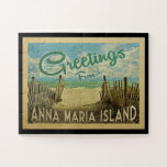 Puzzle Viaje del vintage de la playa de la isla de Ana<br><div class="desc">Este saludos de características del diseño de la postal del vintage de la isla de Ana Maria una playa arenosa con un agua hermosa del océano de la turquesa y sobre el mar,  un cielo azul con las nubes blancas ondeantes. En vintage viaja el estilo.</div>