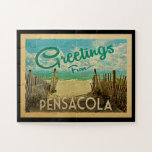 Puzzle Viaje del vintage de la playa de Pensacola<br><div class="desc">Este saludos de características del diseño de la postal del vintage de Pensacola una playa arenosa con un agua hermosa del océano de la turquesa y sobre el mar,  un cielo azul con las nubes blancas ondeantes. En vintage viaja el estilo.</div>