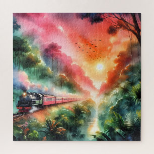Puzzle Viaje en tren al atardecer tropical acuarela