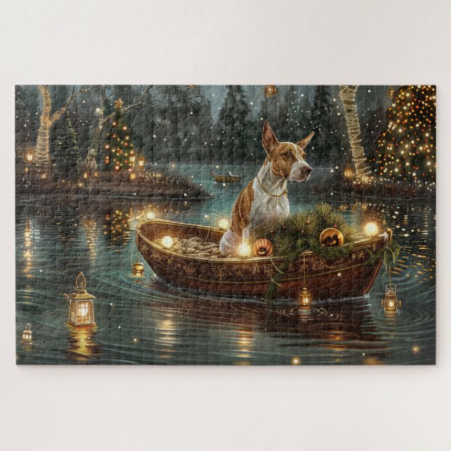 Puzzle Viaje festivo para Navidades de Bull Terrier (Horizontal)