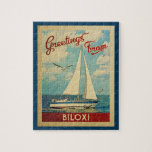 Puzzle Viaje Mississippi del vintage del velero de Biloxi<br><div class="desc">Este los saludos de características del diseño náuticas del viaje del vintage de Biloxi Mississippi una navegación del barco en el agua con gaviotas y un cielo azul llenaron de las nubes blancas hinchadas magníficas.</div>