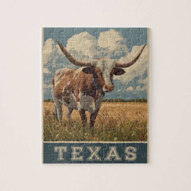 Puzzle Viaje retro de toro longhorn de Texas (Vertical)