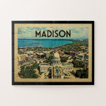 Puzzle Viajes de época de Madison Wisconsin<br><div class="desc">Diseño de Madison Wisconsin en estilo Viaje Vintage con el perfil de la ciudad de Madison,  Wisconsin,  capital de estado con vistas al lago y cielo azul.</div>