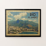 Puzzle Viajes de época de Rio de Janeiro Brasil<br><div class="desc">El diseño de Rio de Janeiro Brasil en estilo Viaje Vintage presenta una vista del Cristo Redentor en la montaña Corcovado del Pan de Azúcar.</div>