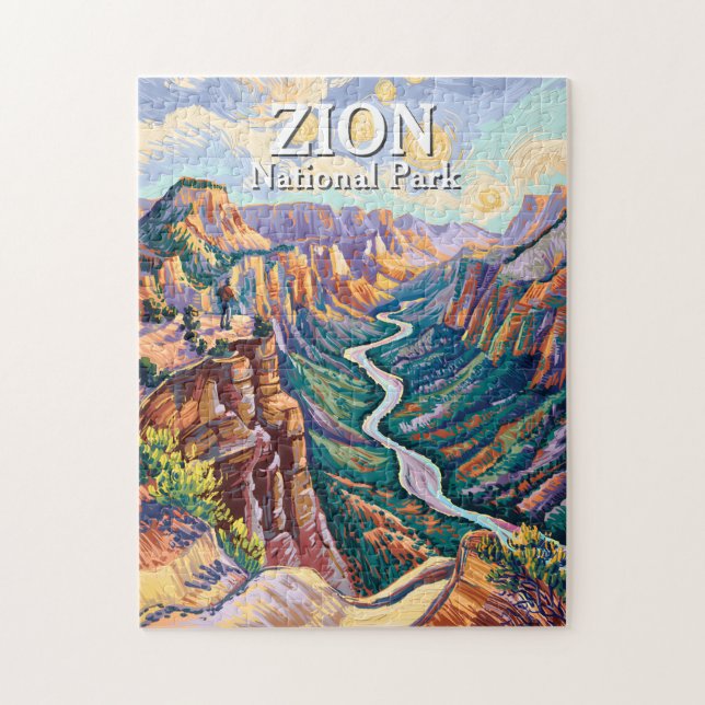 Puzzle Vibrant Zion National Park Canyon River Hiking Art (Vertical)