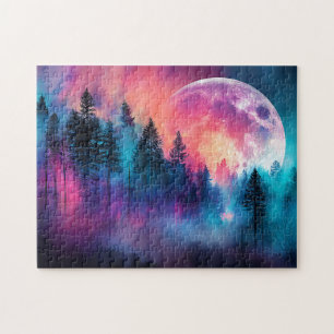 Puzzle Vibrante luna llena de pie sobre un bosque de ensu