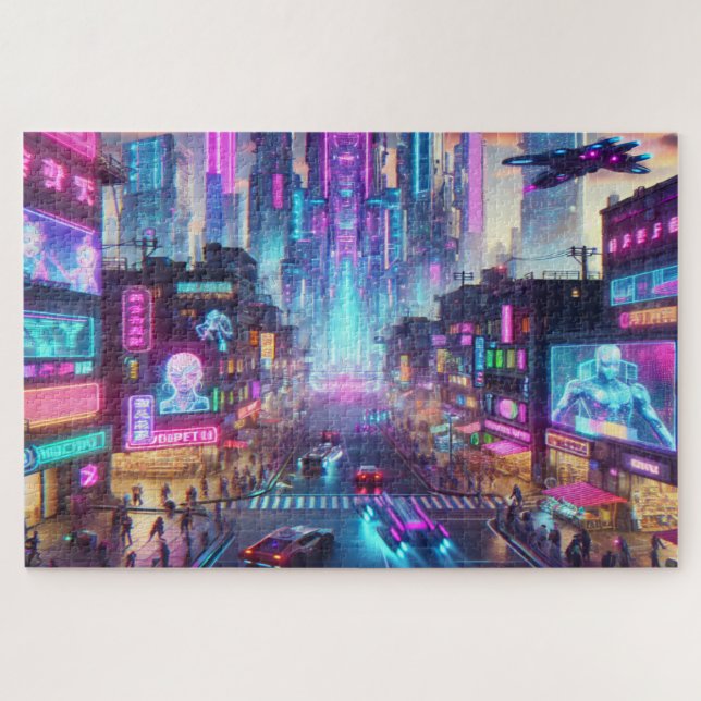 Puzzle Vibrante Neon Cyberpunk Cityscape Fantasy | (Horizontal)
