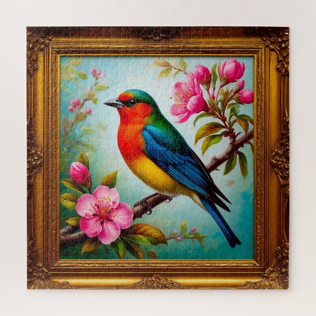 Puzzle Vibrante Songbird en rama de flores (Vertical)