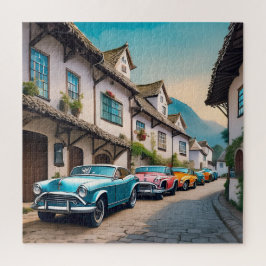 Puzzle Vibrantes coches de época en una calle adoquinada