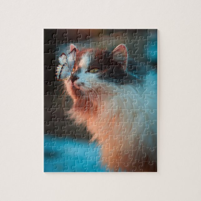 Puzzle Vida de mascota | Gato cortado con mariposa en la  (Vertical)