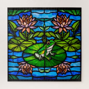Puzzle Vidrio emplomado rana verde y flores de nenúfar