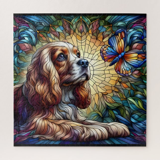 Puzzle Vidrio manchado Cocker spaniel azul vibrante (Vertical)
