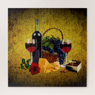Puzzle Vidrio romántico, botella, queso, uvas, oro