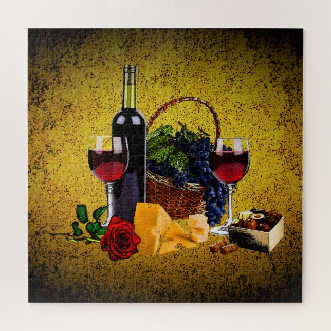 Puzzle Vidrio romántico, botella, queso, uvas, oro (Horizontal)
