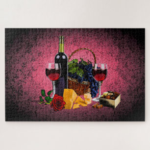 Puzzle Vidrio romántico, botella, queso, uvas, rosa