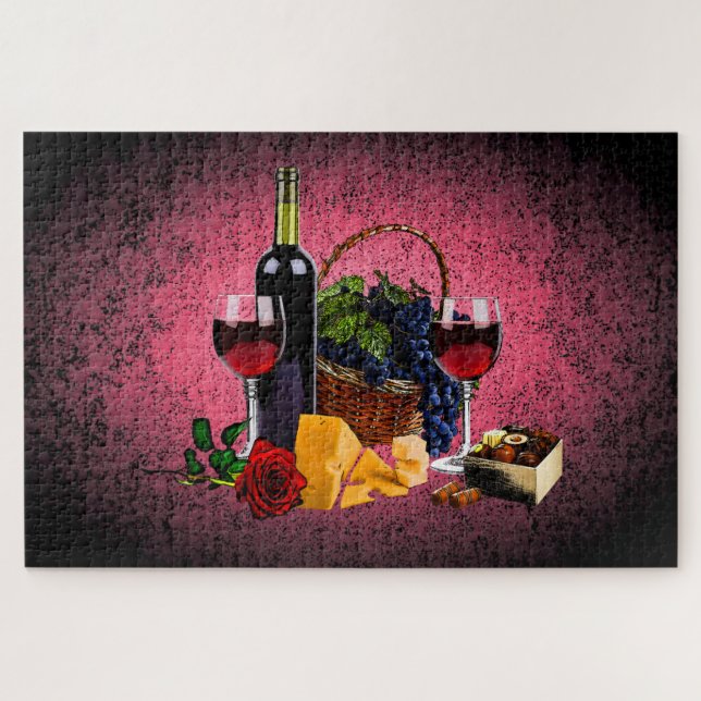 Puzzle Vidrio romántico, botella, queso, uvas, rosa (Horizontal)
