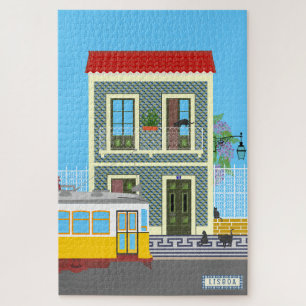 Puzzle Vieja casa de Lisboa con gatos y tranvía amarillo