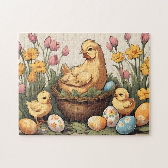 Puzzle Vieja familia de pollo de Pascua en Jardín de prim (Horizontal)