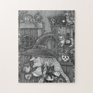 PUZZLE VIEJO TESTIGO FELIZ CASA, GATS & OWL BLK/WHT HALLO