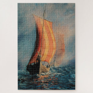 Puzzle Viking barco con vela en el mar