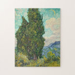 Puzzle Vincent Van Gogh Cypresses<br><div class="desc">Hermosa obra de arte de época,  el famoso pintor impresionista Vincent Van Gogh. Este impresionismo artístico presenta cipreses en un campo frente a nubes giratorias y una luna en el cielo. Las tetas,  los amarillos y los verdes hacen un bonito rompecabezas.</div>