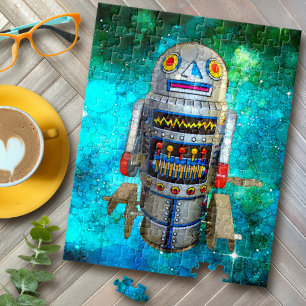 Puzzle Viñeta Robot Retro Turquesa Galaxia Cuta Guay