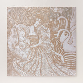 Puzzle Vintage Art Nouveau Cream Floral Woman & Swans
