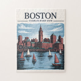 Puzzle Vintage Boston Massachusetts Cityscape & Sailboat