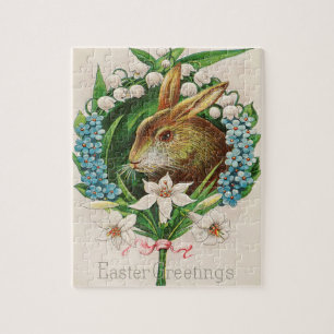 Puzzle Vintage Bunny Floral Wreath Saludos de Pascua