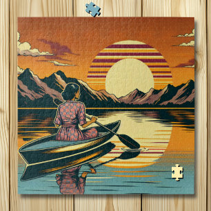 Puzzle Vintage Camping Scene Woman Kayak