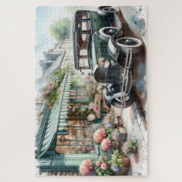 Puzzle Vintage Car and Charming Flower Shop Watercolor