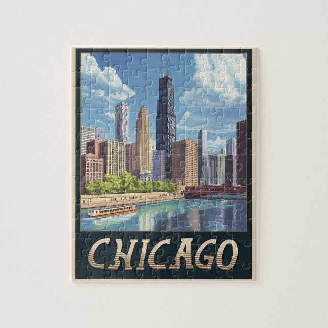 Puzzle Vintage Chicago City Skyline (Vertical)