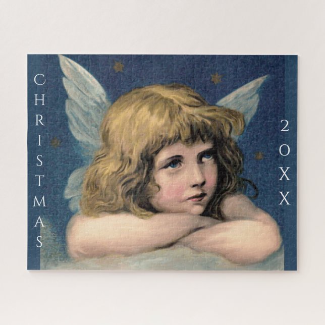 Puzzle Vintage Christmas Angel Child White Wings Indigo (Horizontal)
