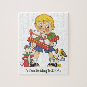 Puzzle Vintage Christmas, Boy with Present and Puppy Dog