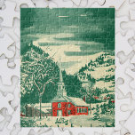 Puzzle Vintage Christmas Church, Snowscape in Winter<br><div class="desc">Navidades de ilustracion de época celebran un diseño religioso con una pintoresca capilla en un bonito pueblo de montaña. Un paisaje natural invernal con montañas,  árboles y nieve. El original es un cuadro acuático de arte rojo y verde.</div>