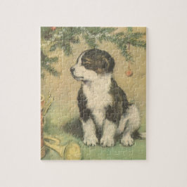 Puzzle Vintage Christmas, Cute Puppy con Árbol De Navidad