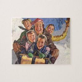 Puzzle Vintage Christmas, Happy Family Toboggan Sledding