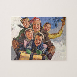 Puzzle Vintage Christmas, Happy Family Toboggan Sledding