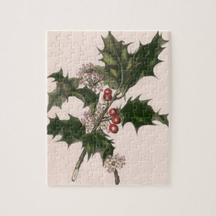 Puzzle Vintage Christmas, Holly Plant with Red Berries