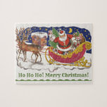 Puzzle Vintage Christmas, Jolly Santa Claus con Sleigh<br><div class="desc">Diseño de vacaciones de Navidades de ilustracion de época del clásico libro de cuentos para niños "Fue la noche antes que los Navidades". Este diseño presenta a un alegre Santa Claus con su burla en el trineo de los juguetes que saca su equipo de renos. Santa está a punto de...</div>